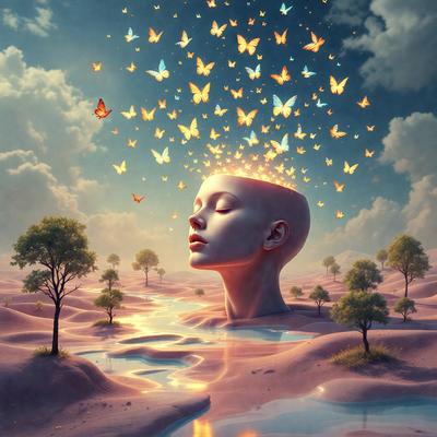 The primary subject of the image is a head with a brain, which is the main object of the scene. The setting is a beach, with a body of water in the background. The visual style is digital art, as the image is a painting of a woman's head with a brain, surrounded by butterflies. The colors and mood of the image are vibrant and lively, with the butterflies adding a sense of movement and life to the scene.